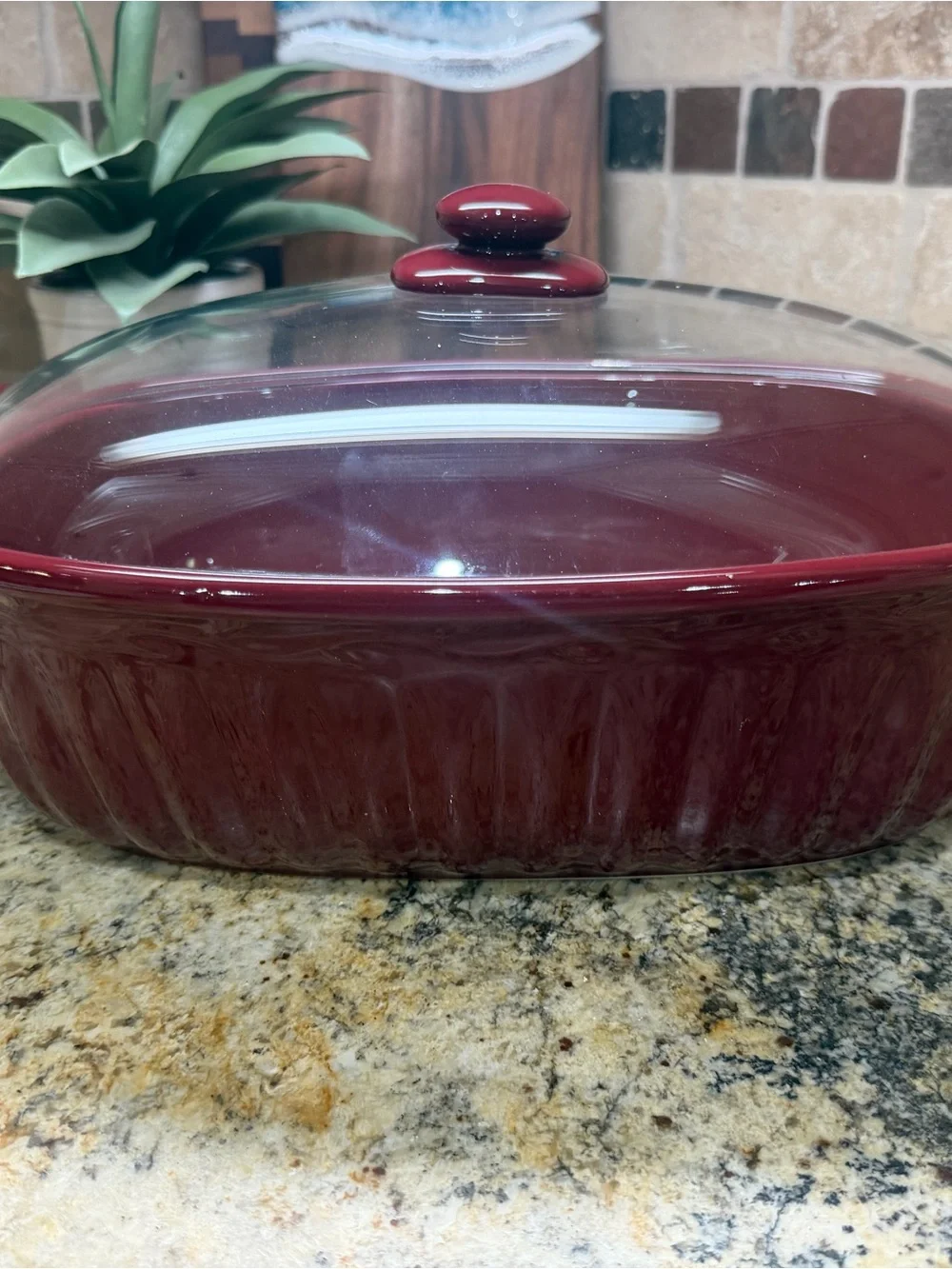Glossy Cherry Red Ceramic Casserole with Glass Lid